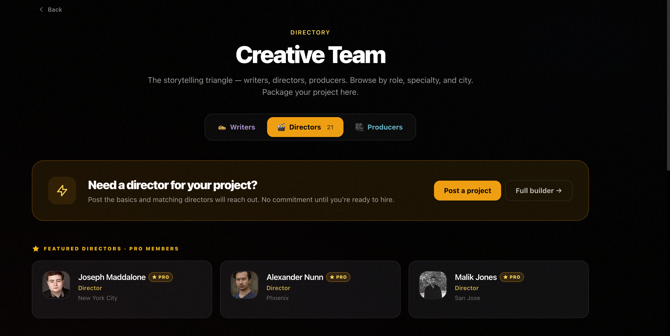 Creative Team directory with writers, directors, and producers tabs