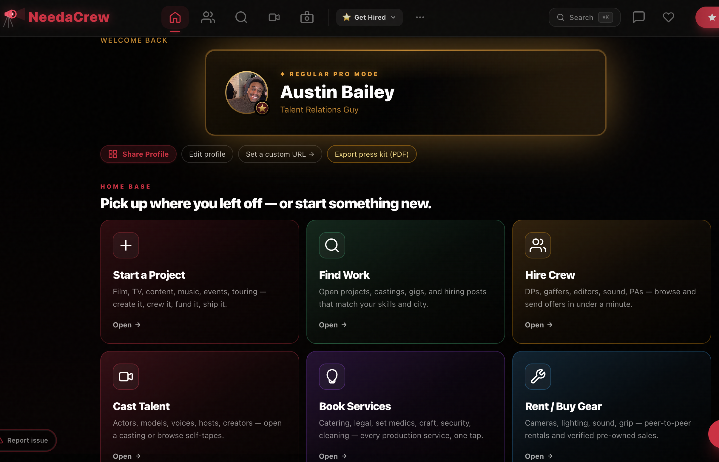 NeedaCrew dashboard with quick start tiles for projects, crew, casting, gear, and services