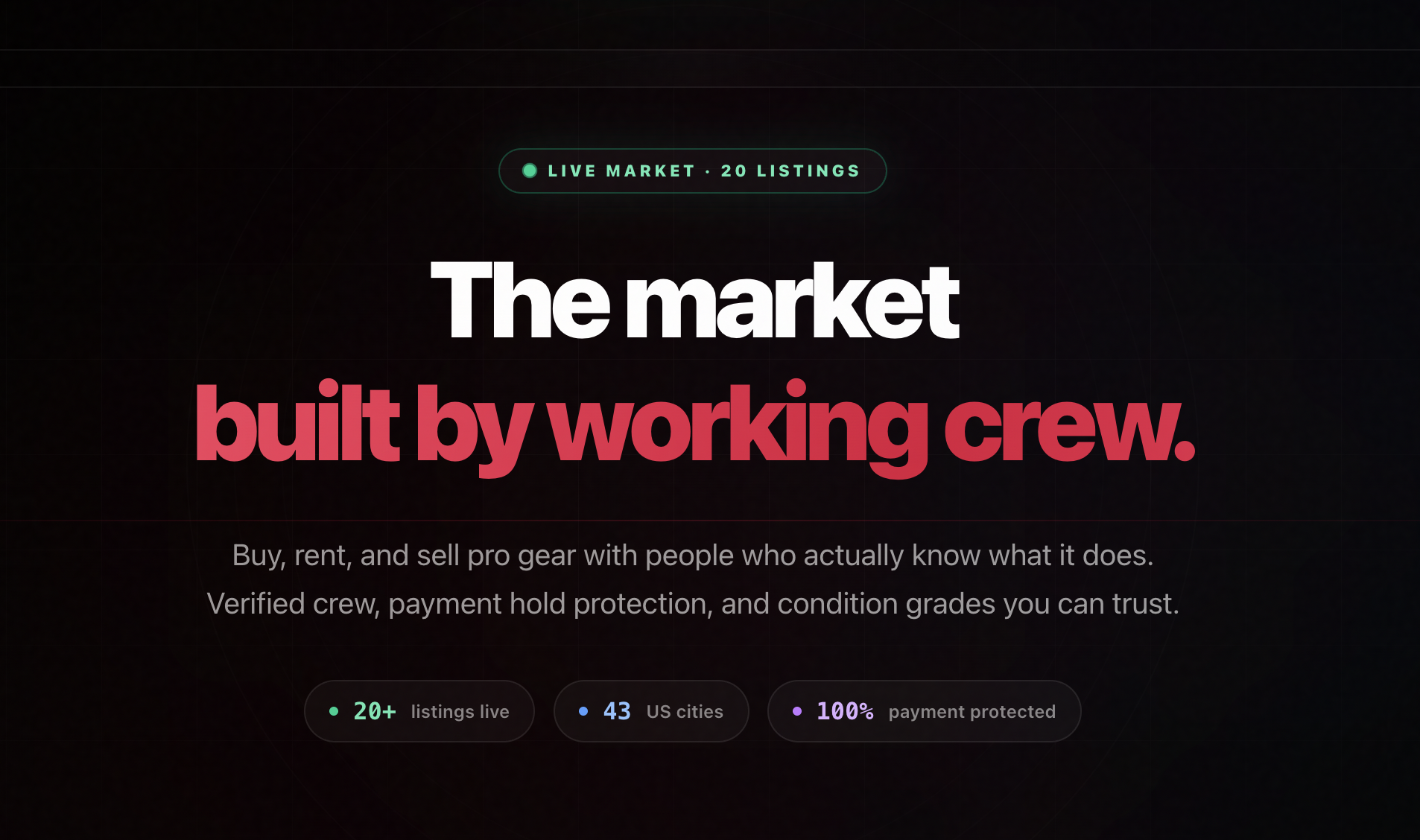 NeedaCrew Market hero - 20+ live listings, 43 cities, 100% payment protected