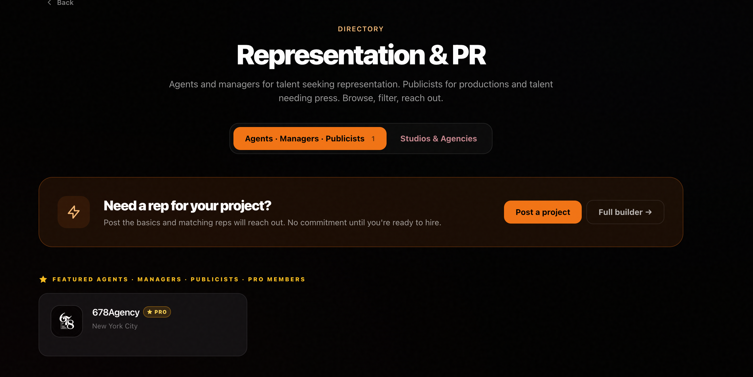 Representation and PR directory showing agents, managers, publicists